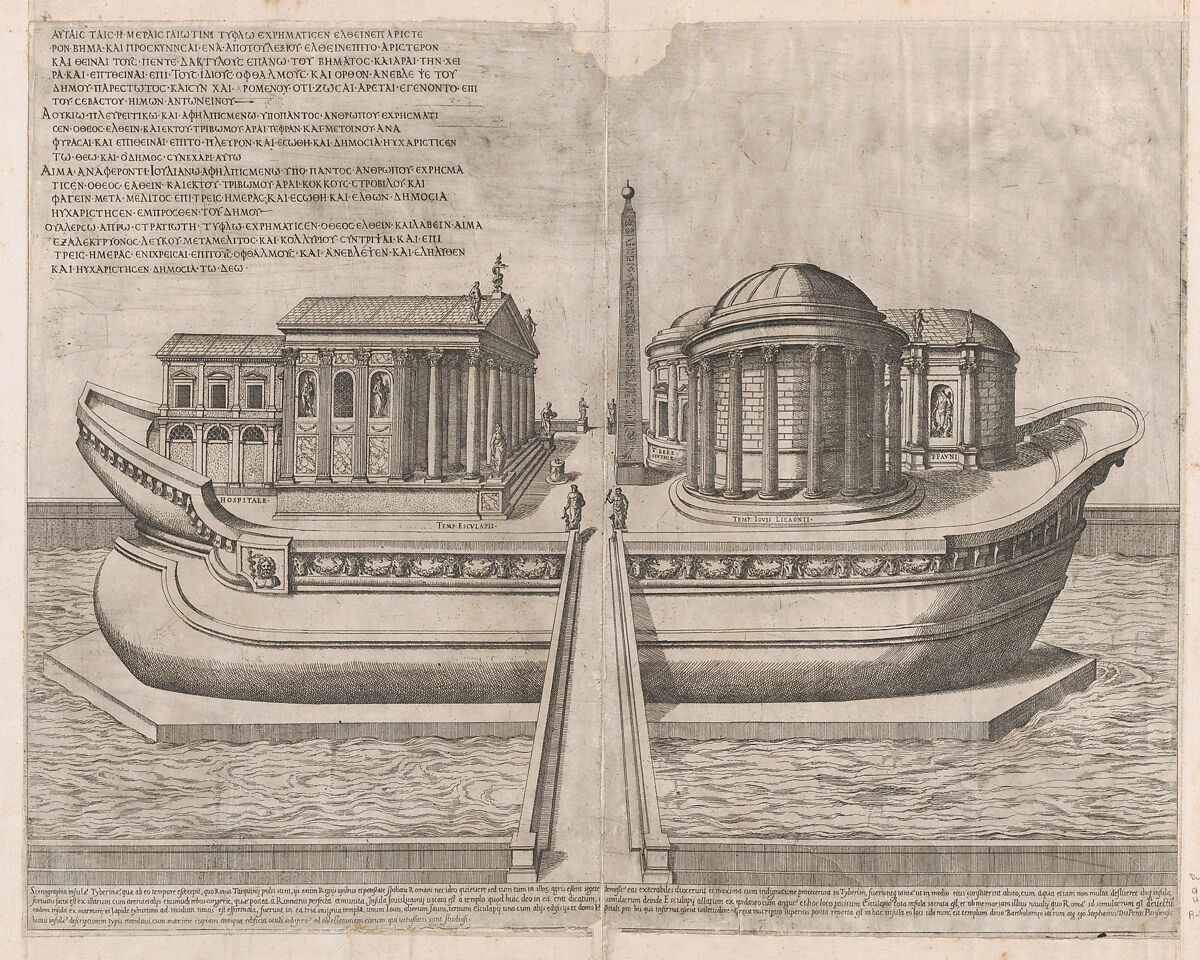 Temples on the Isle of Tiber, from "Speculum Romanae Magnificentiae", Etienne DuPérac (French, ca. 1535–1604), Engraving and etching 