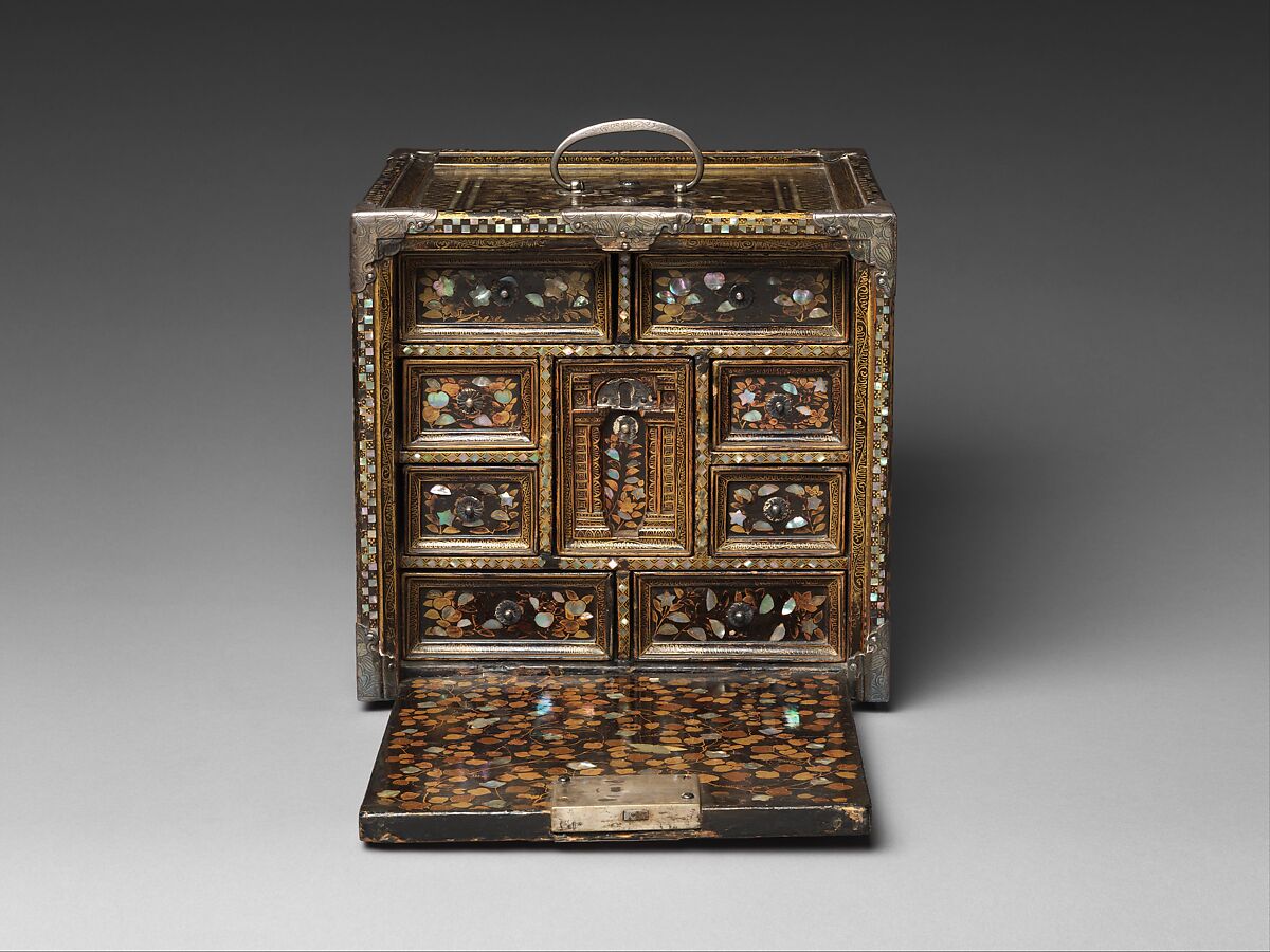 Portable Cabinet with Drawers, Gold maki-e on black lacquer, inlaid with mother-of-pearl; silver mounts, Japan