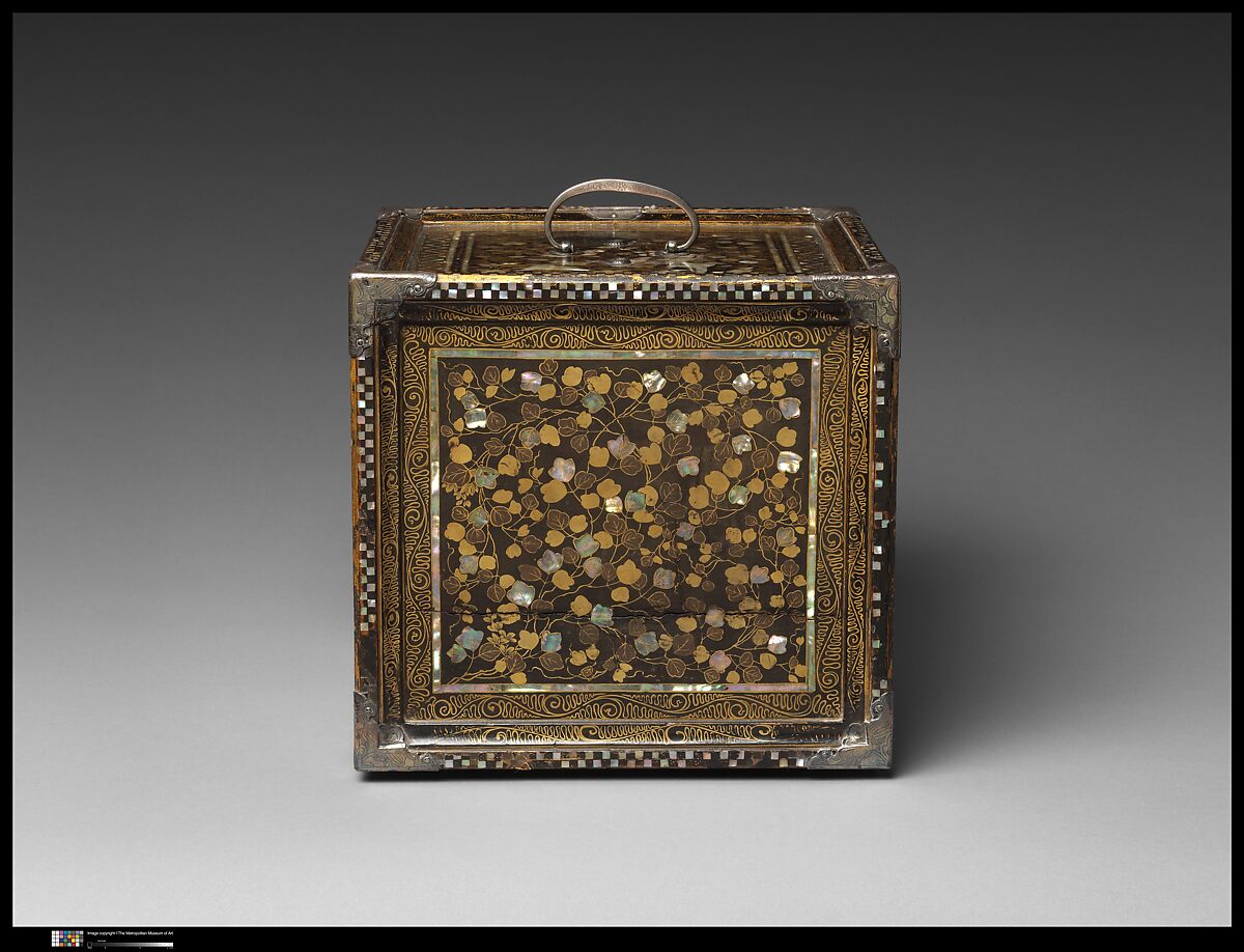 Portable Cabinet with Drawers, Gold maki-e on black lacquer, inlaid with mother-of-pearl; silver mounts, Japan