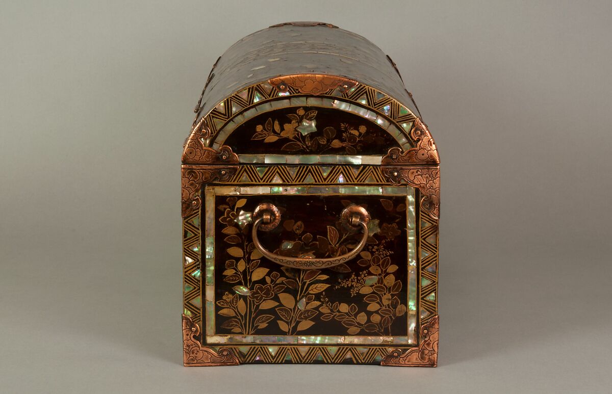Coffer in Nanban (Southern Barbarian) Style, Gold maki-e and mother-of-pearl inlay on black lacquer; gilt-bronze fittings, Japan