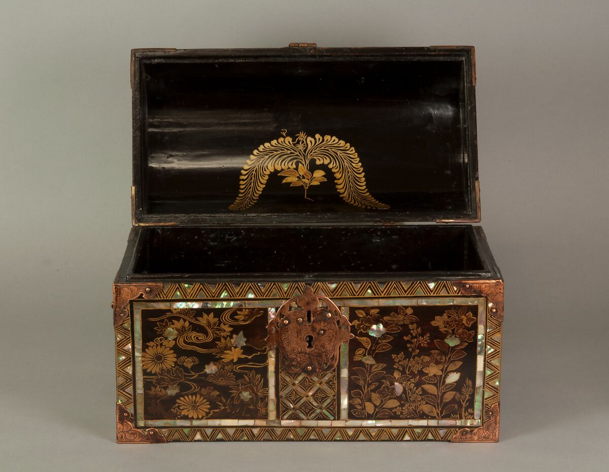 Coffer in Nanban (Southern Barbarian) Style, Gold maki-e and mother-of-pearl inlay on black lacquer; gilt-bronze fittings, Japan
