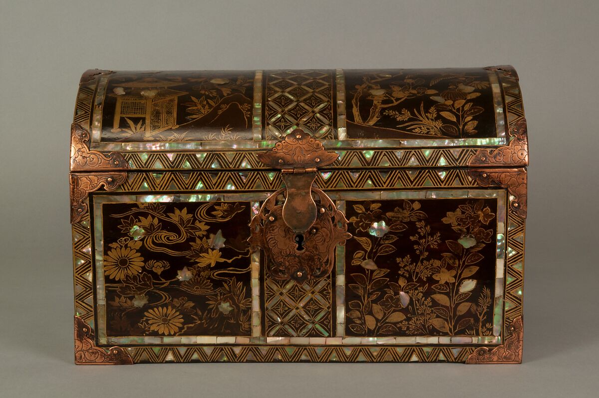 Coffer in Nanban (Southern Barbarian) Style, Gold maki-e and mother-of-pearl inlay on black lacquer; gilt-bronze fittings, Japan