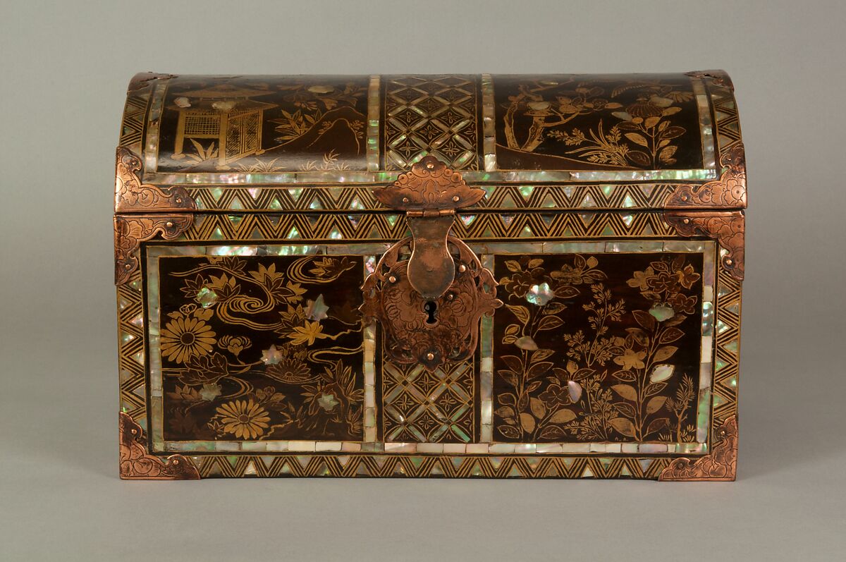 Coffer in Nanban (Southern Barbarian) Style, Gold maki-e and mother-of-pearl inlay on black lacquer; gilt-bronze fittings, Japan