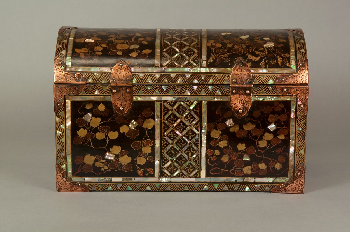 Coffer in Nanban (Southern Barbarian) Style, Gold maki-e and mother-of-pearl inlay on black lacquer; gilt-bronze fittings, Japan
