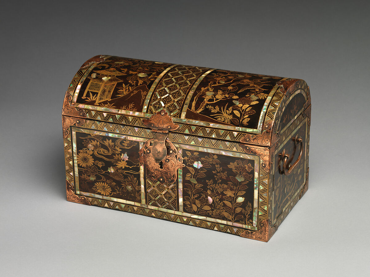 Coffer in Nanban (Southern Barbarian) Style, Gold maki-e and mother-of-pearl inlay on black lacquer; gilt-bronze fittings, Japan 