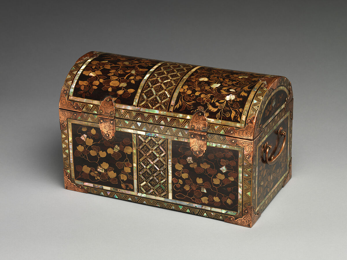 Coffer in Nanban (Southern Barbarian) Style, Gold maki-e and mother-of-pearl inlay on black lacquer; gilt-bronze fittings, Japan