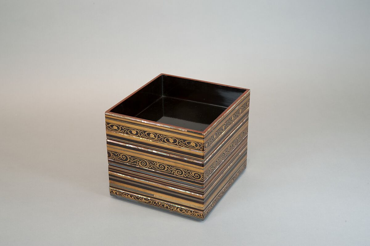 Food Box with Striped Decoration and Chinese Figures, Lacquered wood with gold and silver hiramaki‑e, lead, and mother‑of‑pearl inlay on black ground, Japan