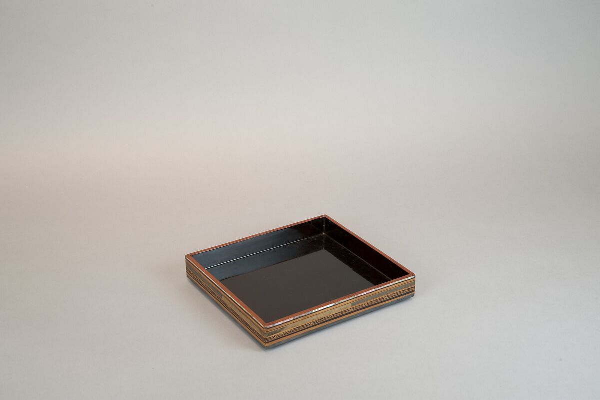 Food Box with Striped Decoration and Chinese Figures, Lacquered wood with gold and silver hiramaki‑e, lead, and mother‑of‑pearl inlay on black ground, Japan