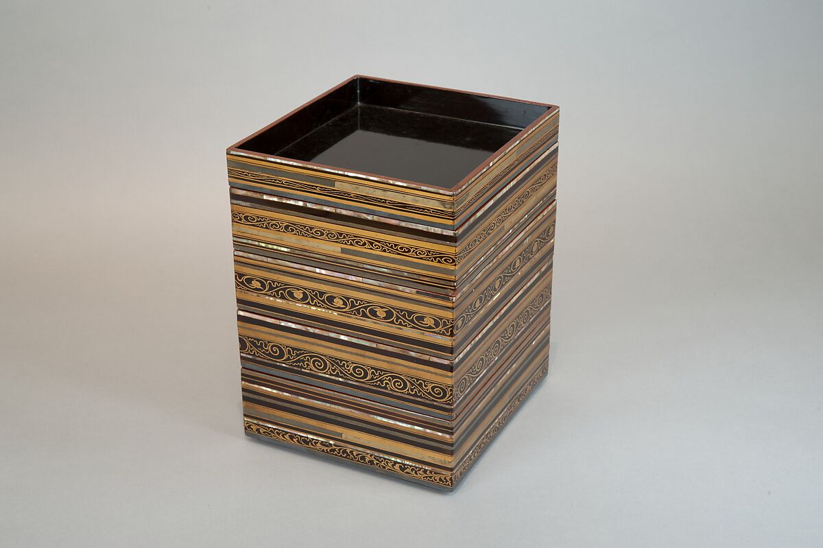 Food Box with Striped Decoration and Chinese Figures, Lacquered wood with gold and silver hiramaki‑e, lead, and mother‑of‑pearl inlay on black ground, Japan