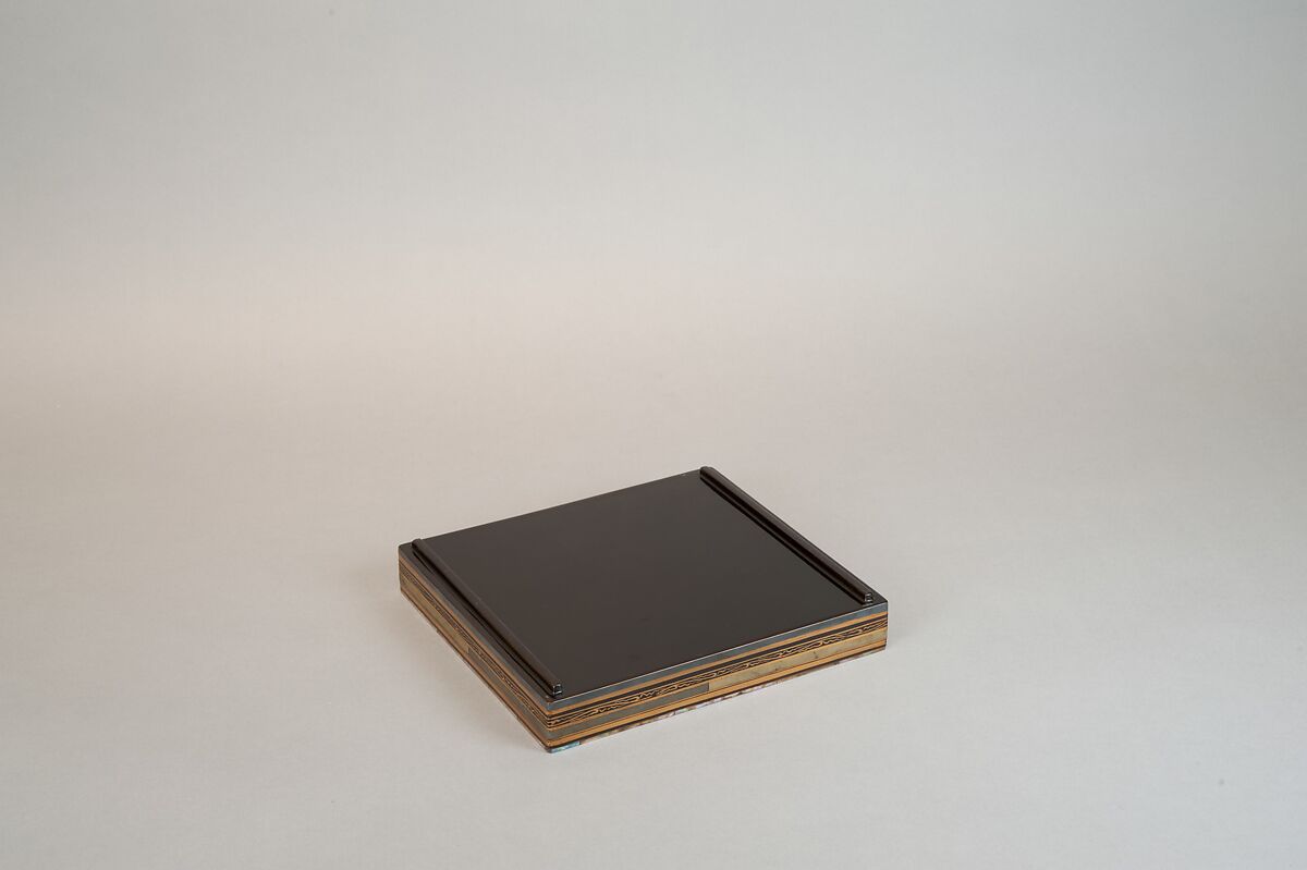 Food Box with Striped Decoration and Chinese Figures, Lacquered wood with gold and silver hiramaki‑e, lead, and mother‑of‑pearl inlay on black ground, Japan