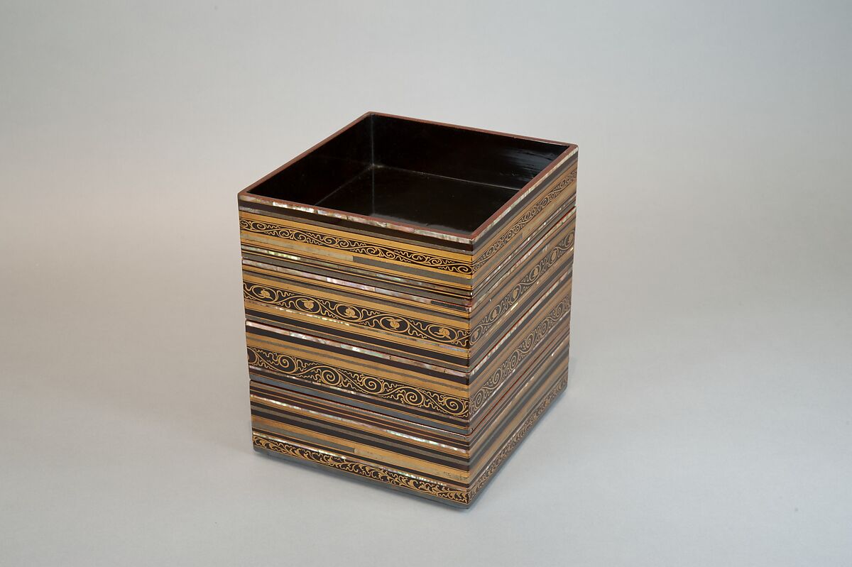 Food Box with Striped Decoration and Chinese Figures, Lacquered wood with gold and silver hiramaki‑e, lead, and mother‑of‑pearl inlay on black ground, Japan