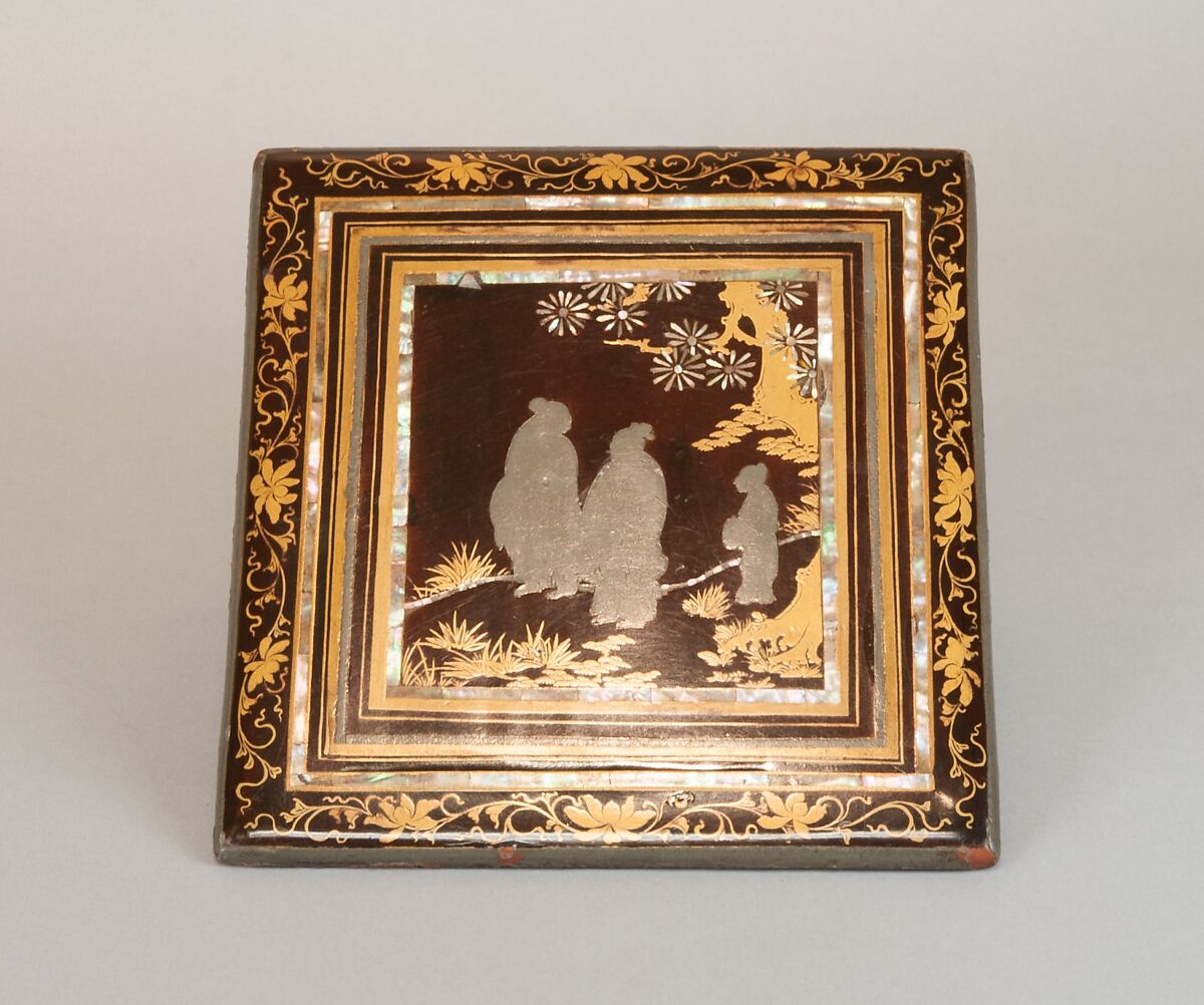Food Box with Striped Decoration and Chinese Figures, Lacquered wood with gold and silver hiramaki‑e, lead, and mother‑of‑pearl inlay on black ground, Japan