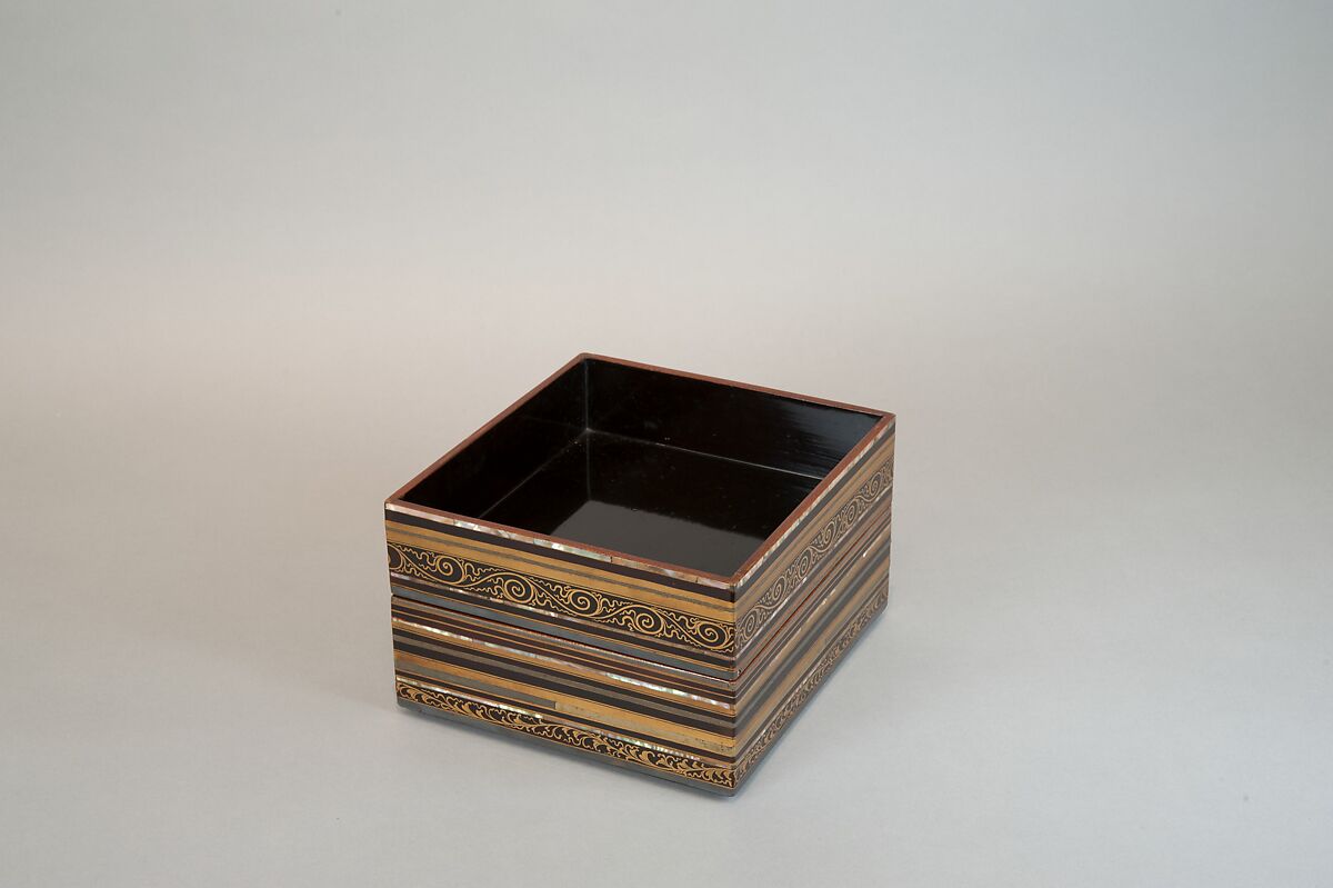 Food Box with Striped Decoration and Chinese Figures, Lacquered wood with gold and silver hiramaki‑e, lead, and mother‑of‑pearl inlay on black ground, Japan