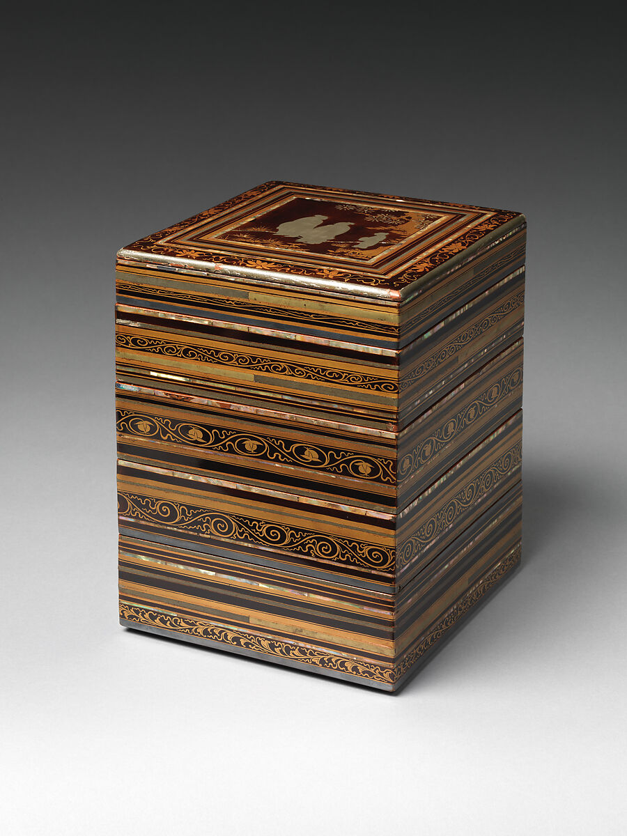 Food Box with Striped Decoration and Chinese Figures, Lacquered wood with gold and silver hiramaki‑e, lead, and mother‑of‑pearl inlay on black ground, Japan 