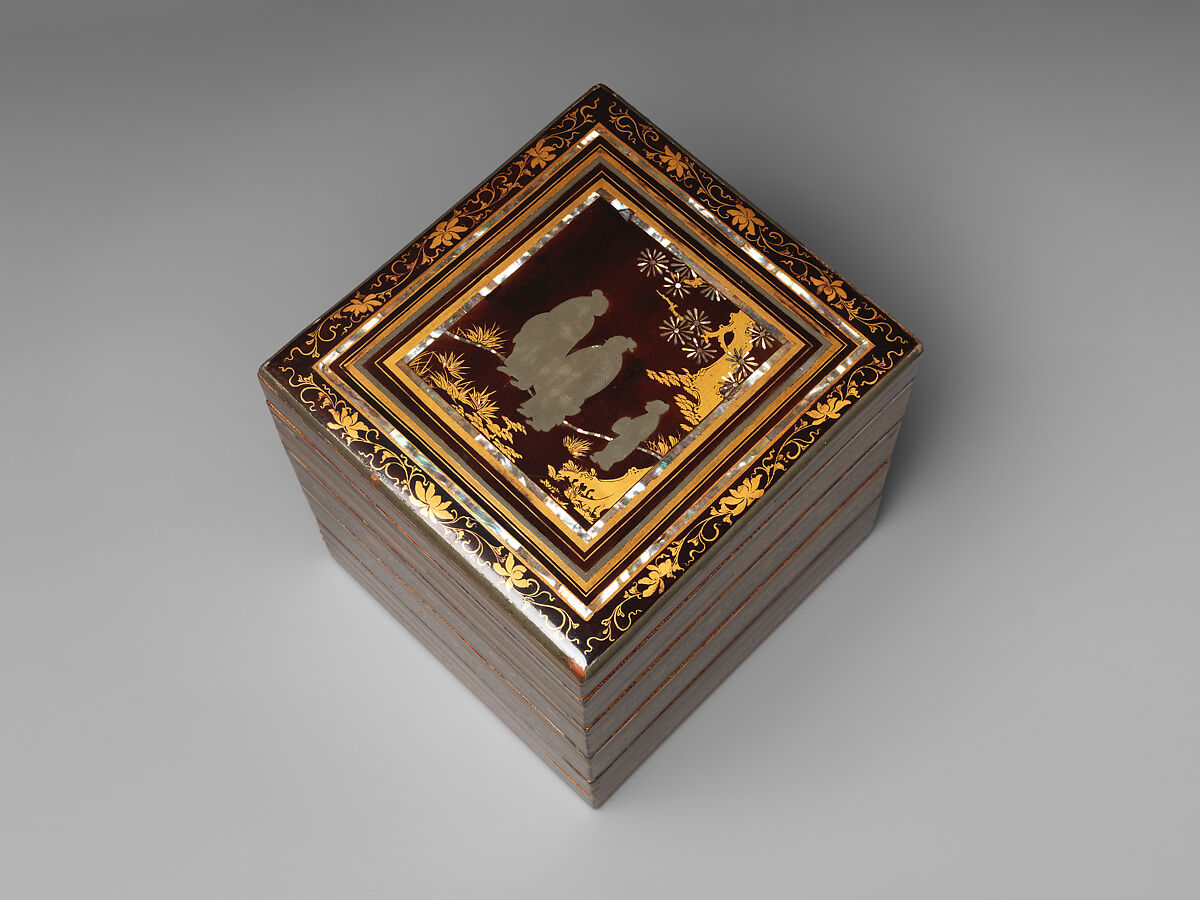 Food Box with Striped Decoration and Chinese Figures, Lacquered wood with gold and silver hiramaki‑e, lead, and mother‑of‑pearl inlay on black ground, Japan