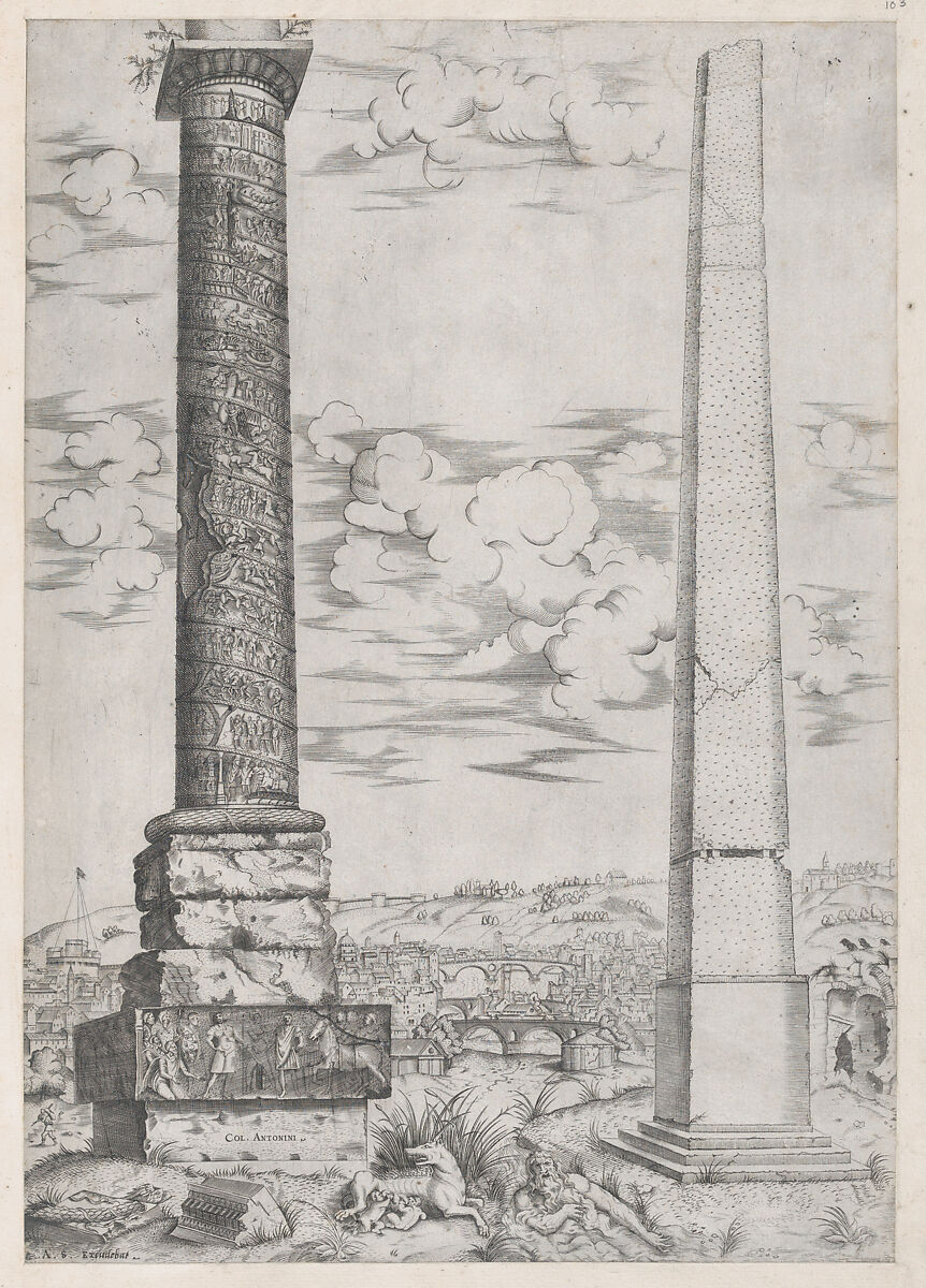 Column of Antoninus and a Roman Obelisk, from "Speculum Romanae Magnificentiae", Attributed to Enea Vico (Italian, Parma 1523–1567 Ferrara), Engraving 