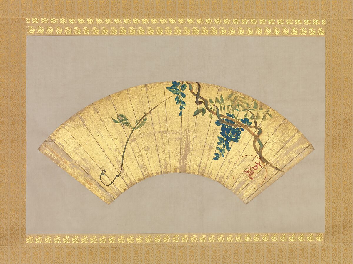 Wisteria, Attributed to Ogata Kōrin (Japanese, 1658–1716), Folding fan mounting as a hanging scroll; ink, color, and gold on paper, Japan 