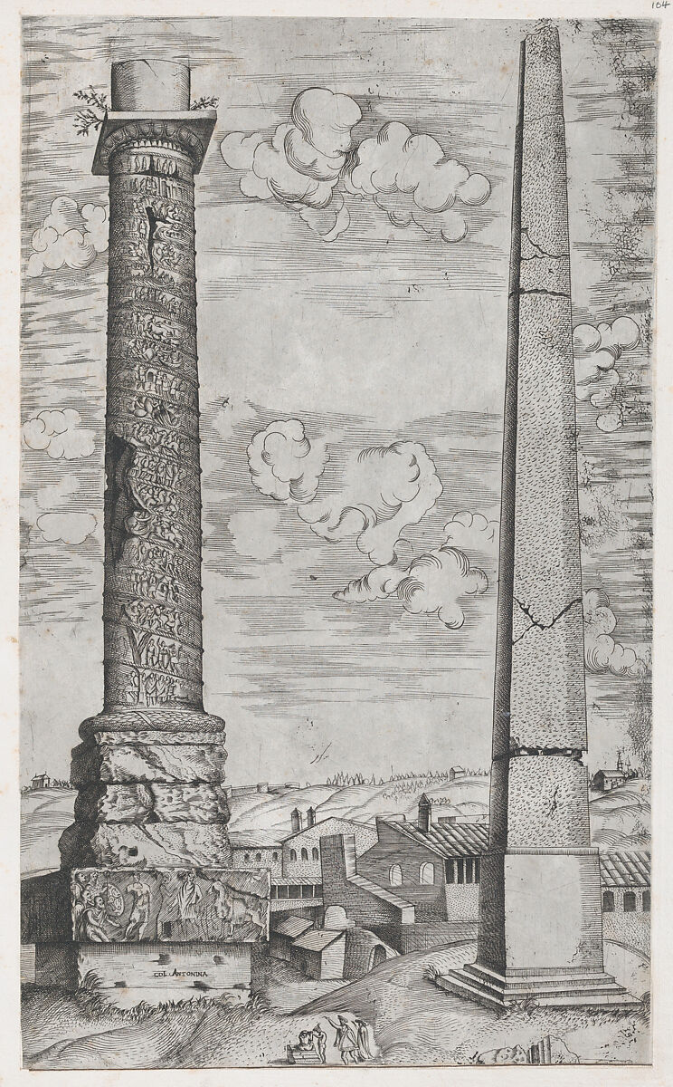 Column of Antoninus and a Roman Obelisk, from "Speculum Romanae Magnificentiae", Anonymous, Etching 
