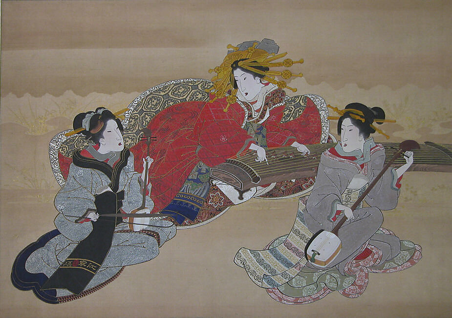 Three Beauties Playing Musical Instruments, Attributed to Utagawa Kuniyoshi (Japanese, 1797–1861), Matted; ink and color on silk, Japan 