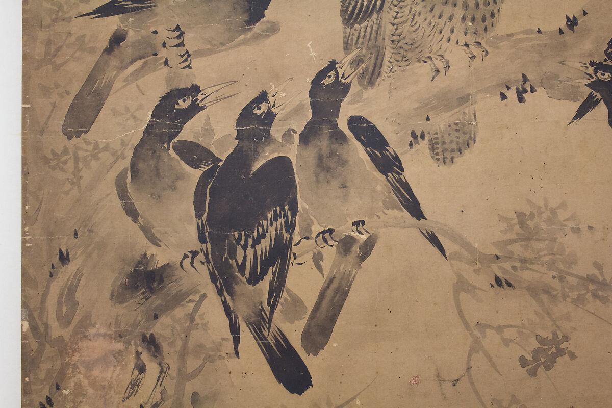 Mynah Birds Attacking an Owl, After Sesson Shūkei (ca. 1504–ca. 1589), Matted painting; ink on paper, Japan