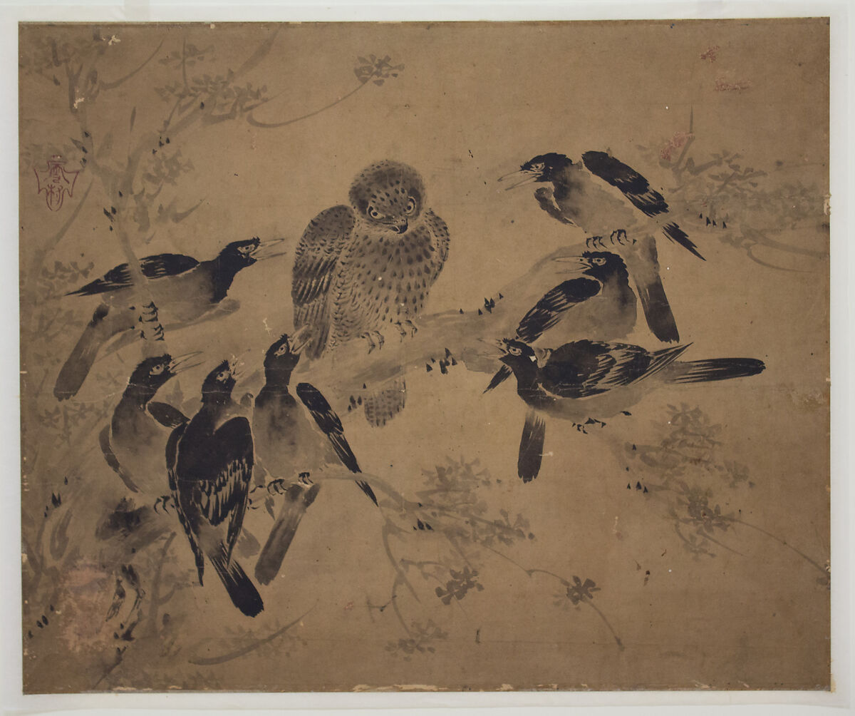 Mynah Birds Attacking an Owl, After Sesson Shūkei (ca. 1504–ca. 1589), Matted painting; ink on paper, Japan 