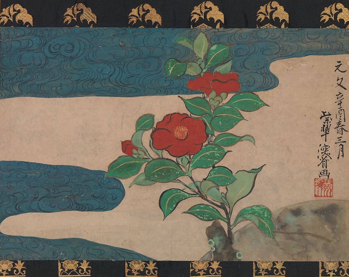 Camellia by Water, In the Style of Ogata Kenzan (Japanese, 1663–1743), Hanging scroll; ink and color on paper, Japan 