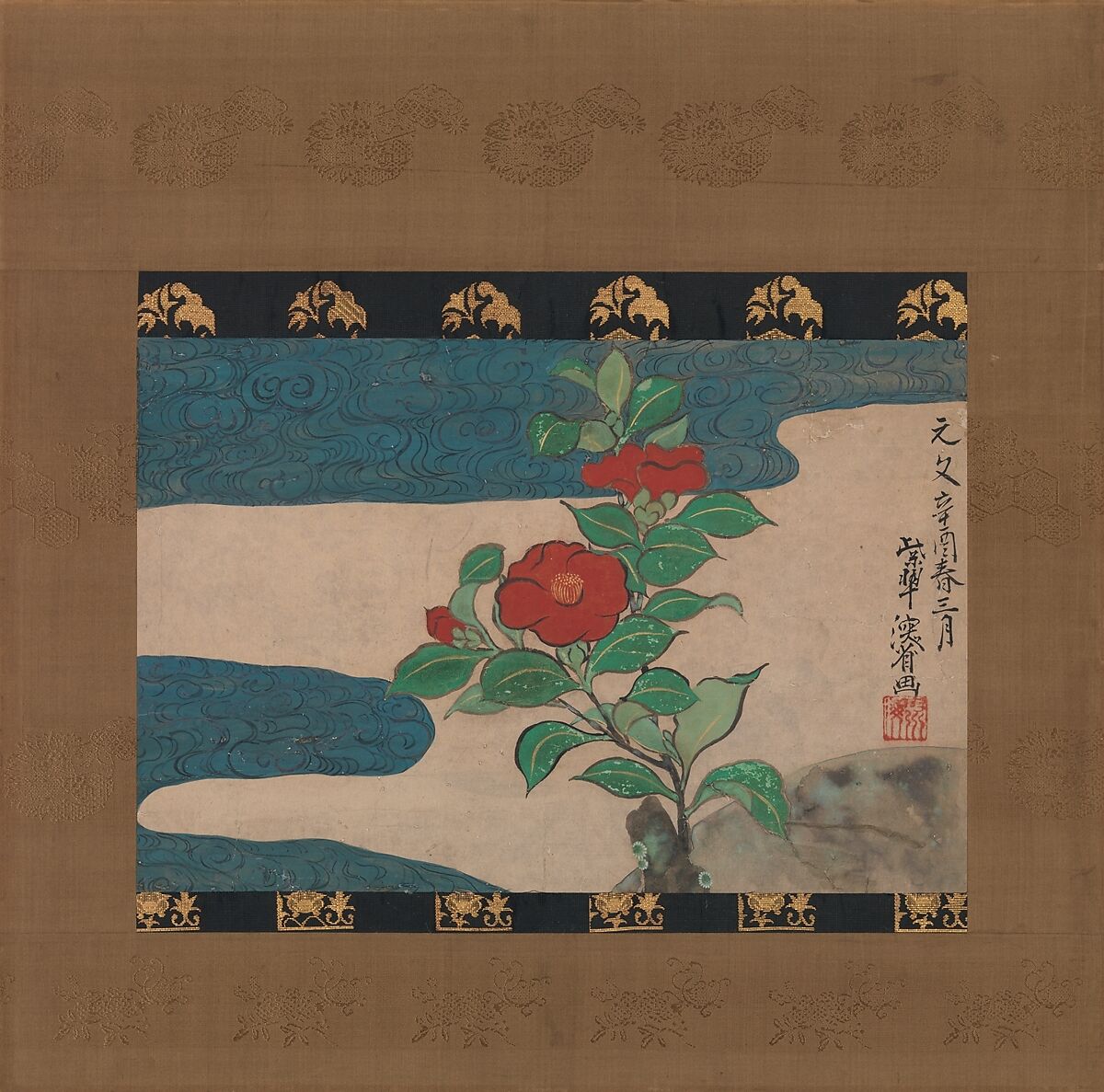 Camellia by Water, In the Style of Ogata Kenzan (Japanese, 1663–1743), Hanging scroll; ink and color on paper, Japan