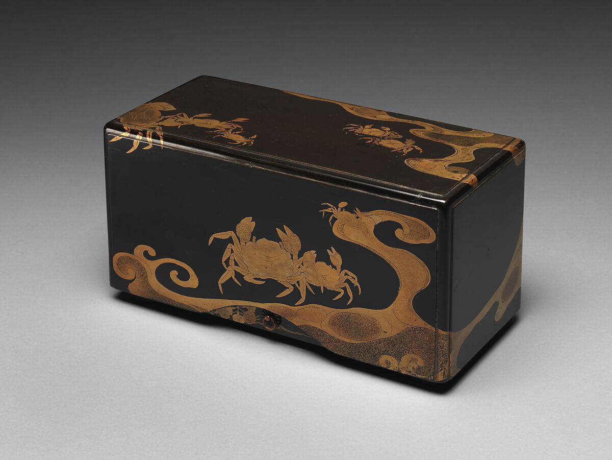 Box with Crabs and Waves, Lacquered wood with gold hiramaki-e and e-nashiji on black lacquer ground, Japan 