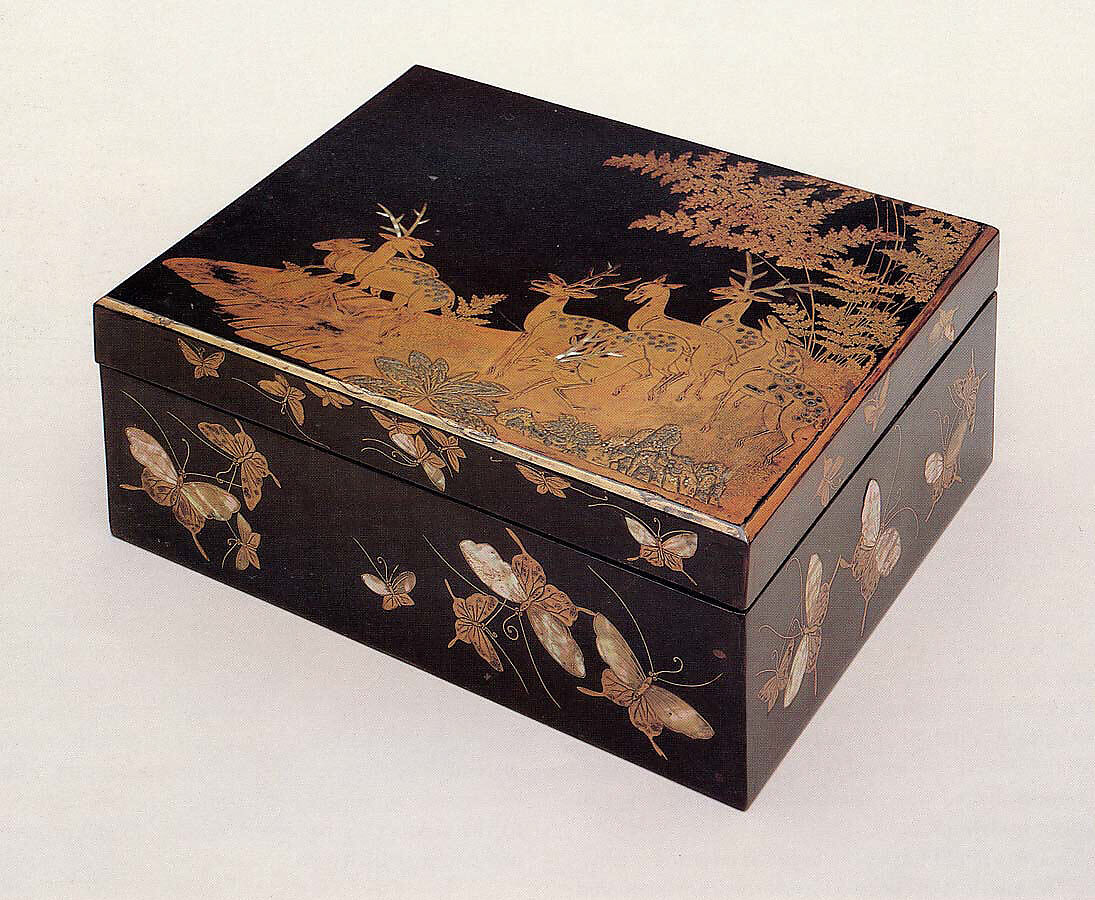 Document Box (Ryōshibako) with Deer and Butterflies, Lacquered wood with gold takamaki‑e, hiramaki‑e, togidashimaki‑e, mother‑of‑pearl inlay, and silver foil application, Japan