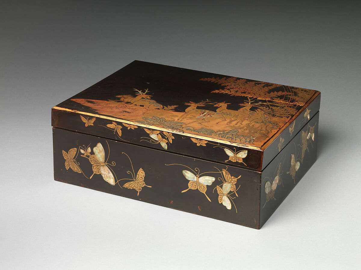 Document Box (Ryōshibako) with Deer and Butterflies, Lacquered wood with gold takamaki‑e, hiramaki‑e, togidashimaki‑e, mother‑of‑pearl inlay, and silver foil application, Japan 