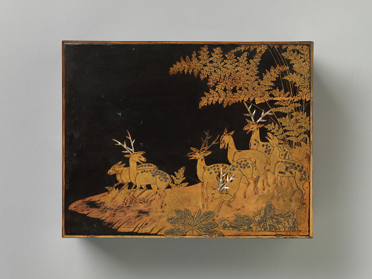 Document Box (Ryōshibako) with Deer and Butterflies, Lacquered wood with gold takamaki‑e, hiramaki‑e, togidashimaki‑e, mother‑of‑pearl inlay, and silver foil application, Japan