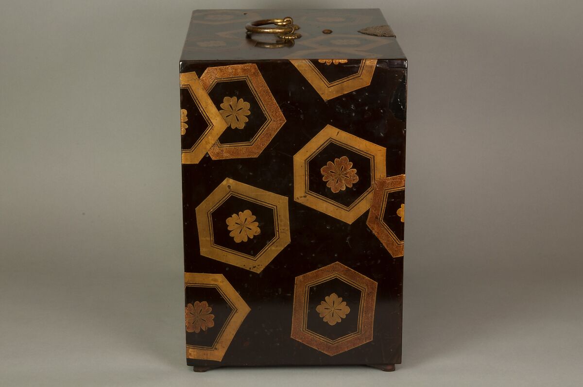 Cabinet with Design of Stylized Tortoiseshell Patterns, Powdered gold (maki-e) on black lacquer; gilt-bronze handle, lock, and hinges, Japan