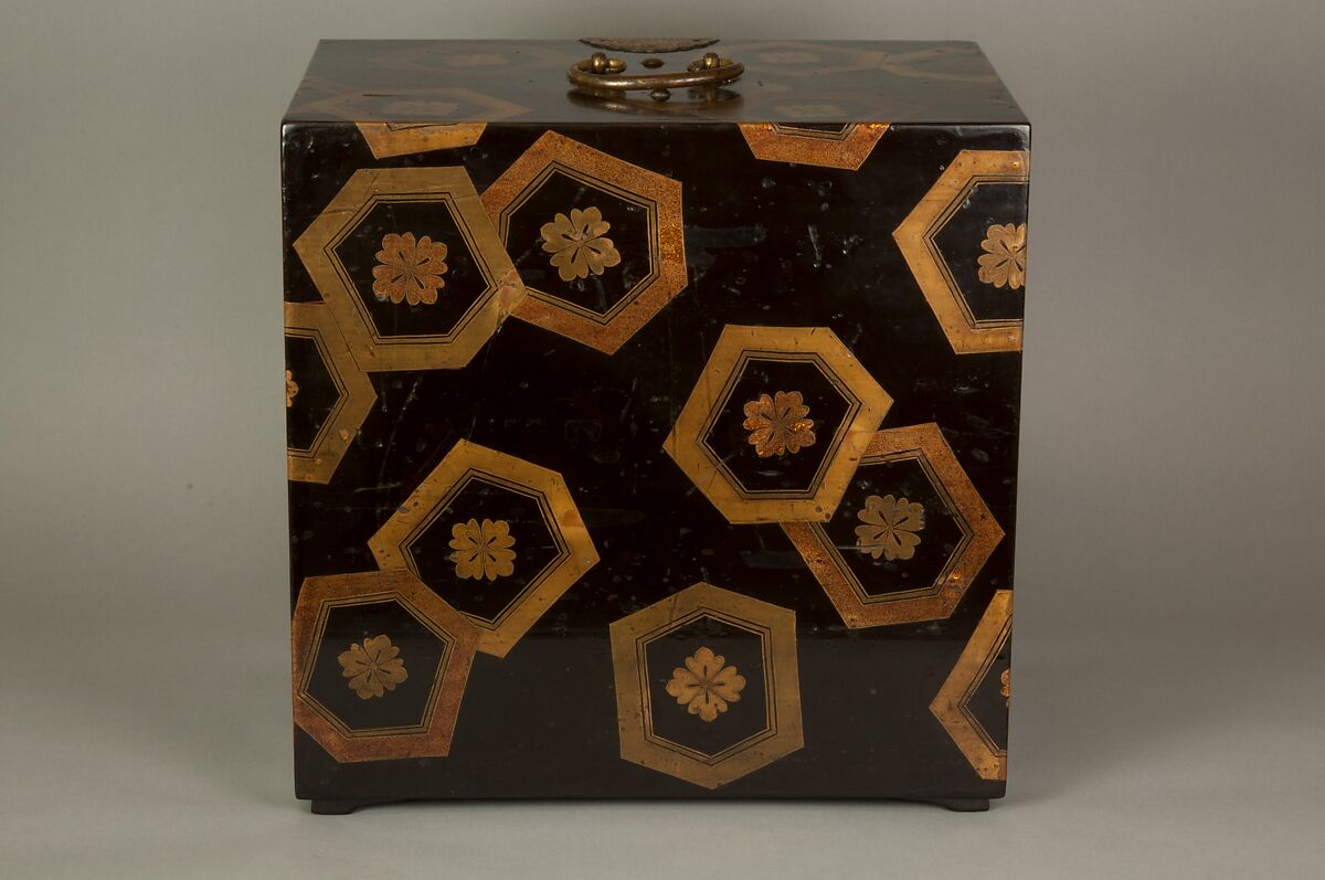 Cabinet with Design of Stylized Tortoiseshell Patterns, Powdered gold (maki-e) on black lacquer; gilt-bronze handle, lock, and hinges, Japan