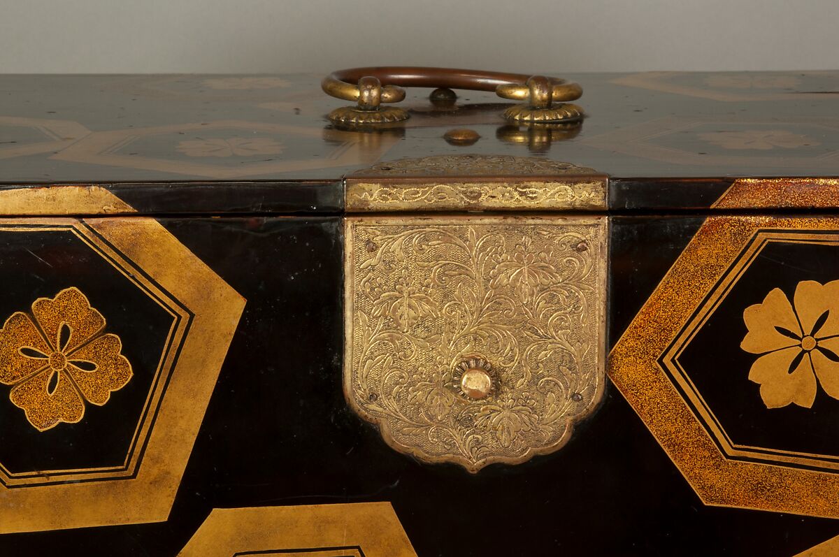 Cabinet with Design of Stylized Tortoiseshell Patterns, Powdered gold (maki-e) on black lacquer; gilt-bronze handle, lock, and hinges, Japan