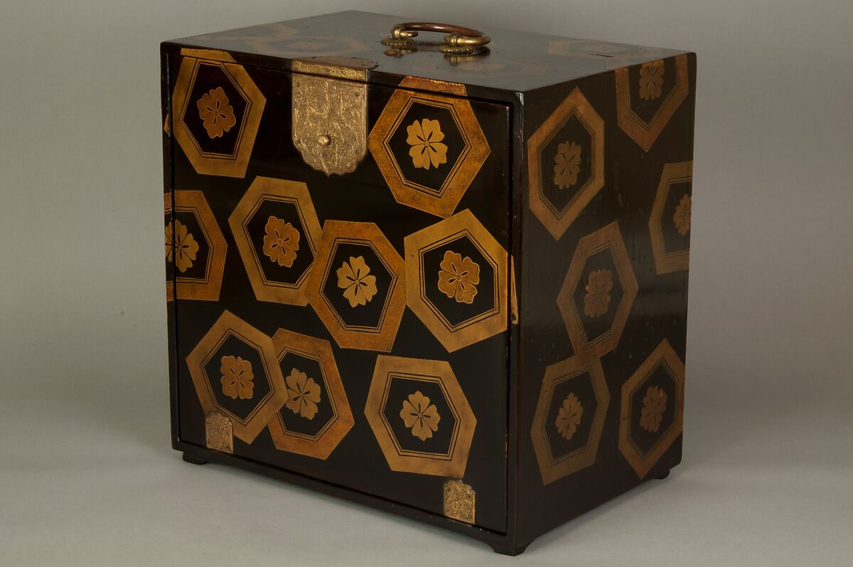 Cabinet with Design of Stylized Tortoiseshell Patterns, Powdered gold (maki-e) on black lacquer; gilt-bronze handle, lock, and hinges, Japan