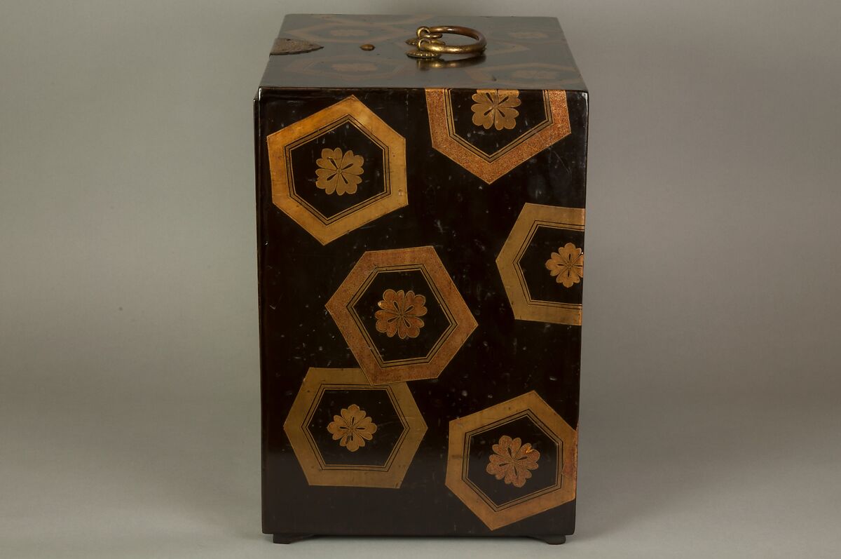 Cabinet with Design of Stylized Tortoiseshell Patterns, Powdered gold (maki-e) on black lacquer; gilt-bronze handle, lock, and hinges, Japan