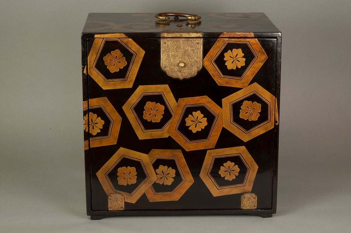 Cabinet with Design of Stylized Tortoiseshell Patterns, Powdered gold (maki-e) on black lacquer; gilt-bronze handle, lock, and hinges, Japan