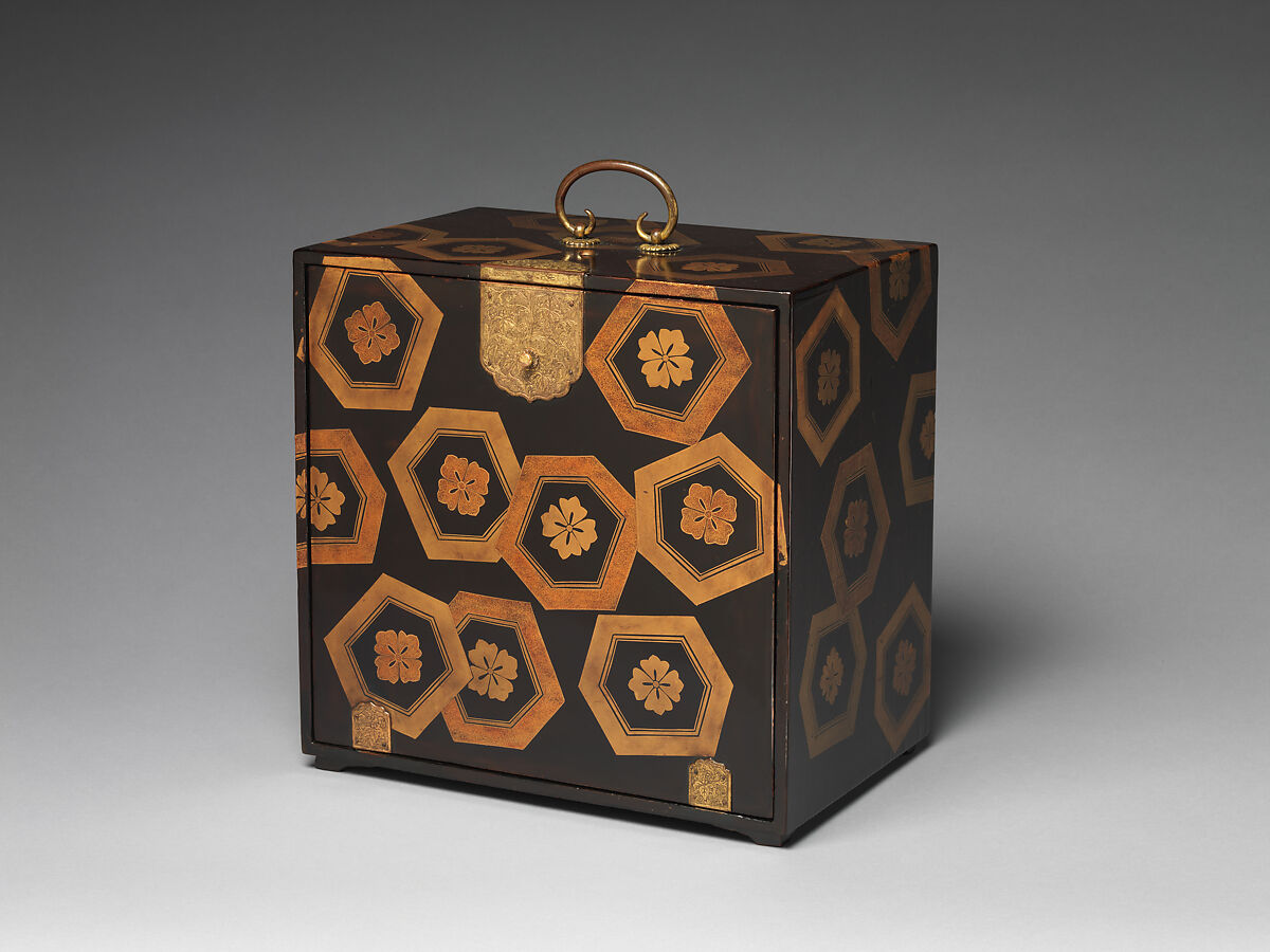 Cabinet with Design of Stylized Tortoiseshell Patterns, Powdered gold (maki-e) on black lacquer; gilt-bronze handle, lock, and hinges, Japan 