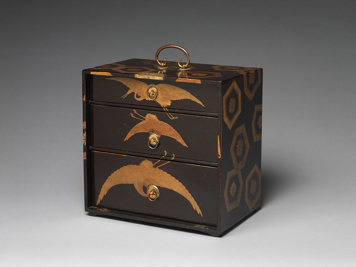 Cabinet with Design of Stylized Tortoiseshell Patterns, Powdered gold (maki-e) on black lacquer; gilt-bronze handle, lock, and hinges, Japan