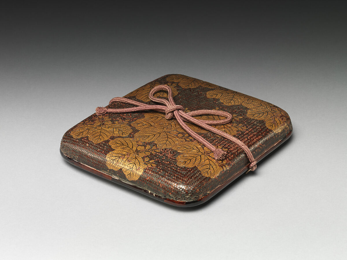 Basketry Box for Square Calligraphy Paper (Shikishibako) with Paulownia, Lacquered bamboo basketry with gold hiramaki-e, Japan 