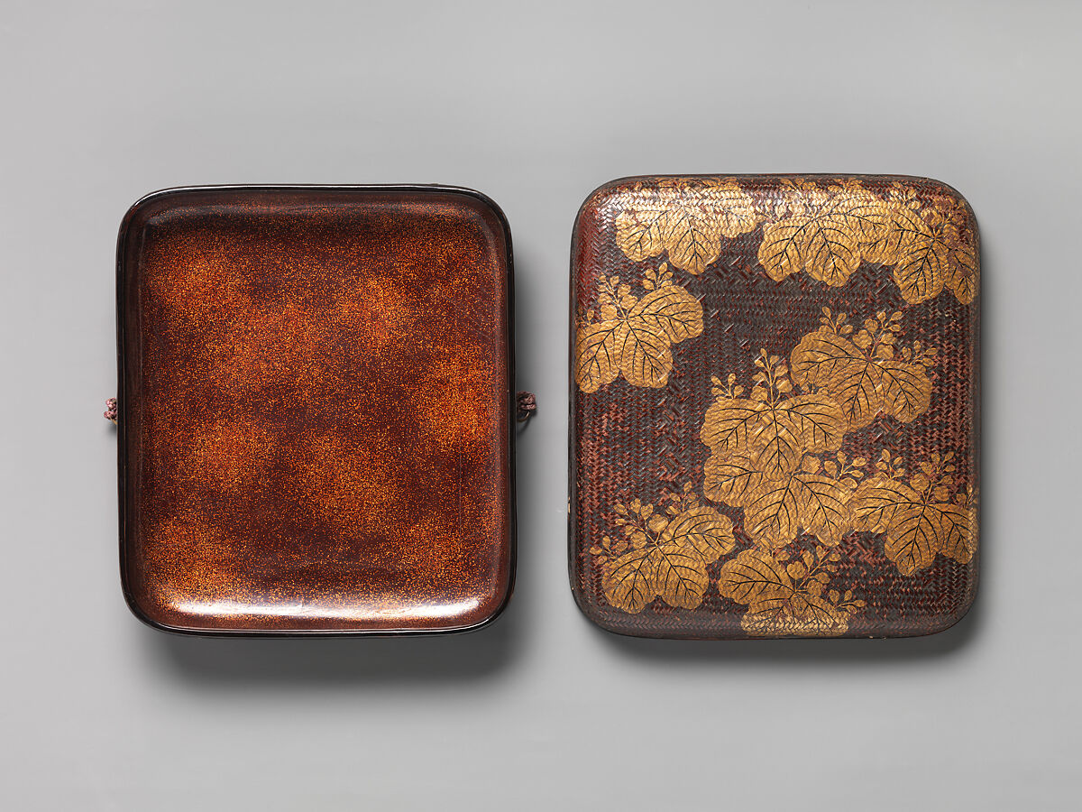 Basketry Box for Square Calligraphy Paper (Shikishibako) with Paulownia, Lacquered bamboo basketry with gold hiramaki-e, Japan