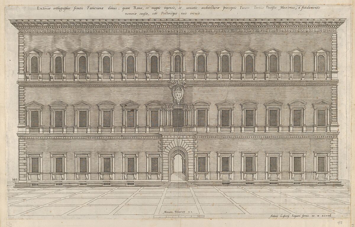 Exterior of the Farnese Palace, from "Speculum Romanae Magnificentiae", Nicolas Beatrizet (French, Lunéville 1515–ca. 1566 Rome (?)), Engraving; first state of two 