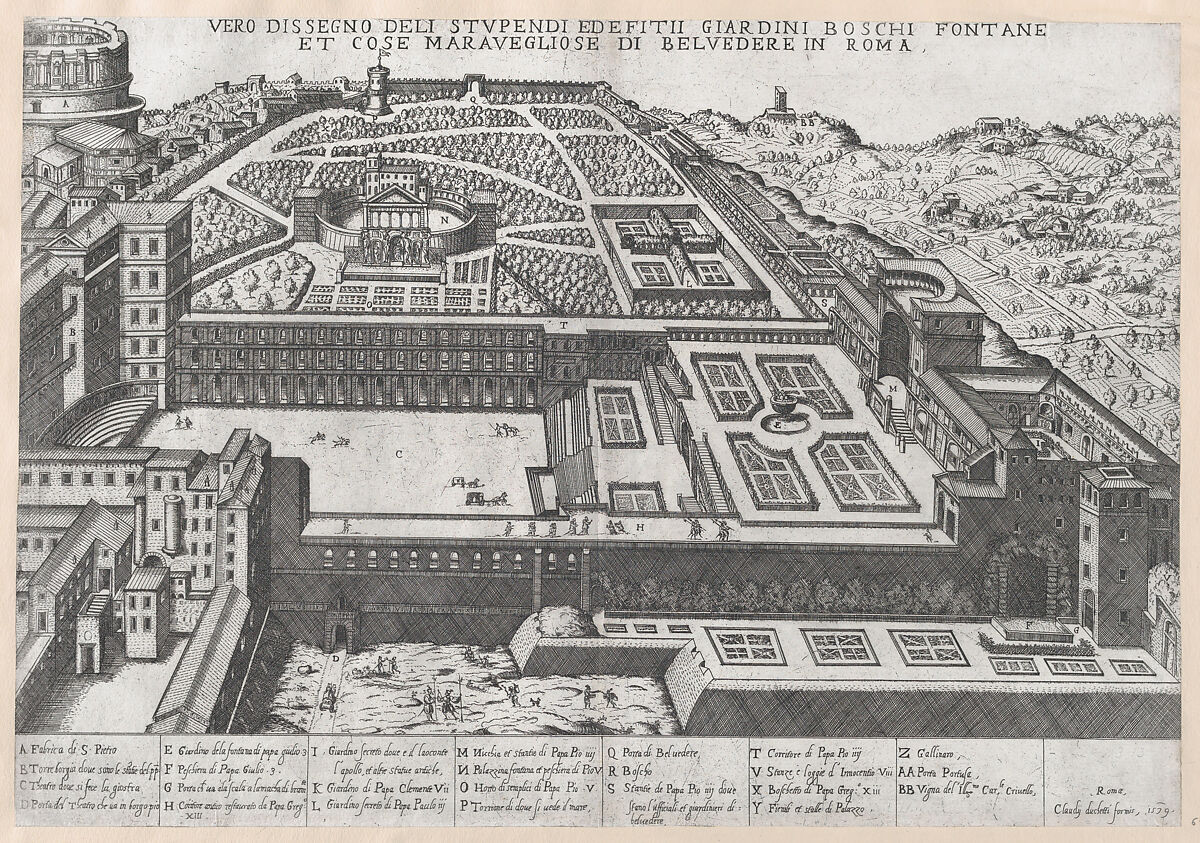 Aerial View of the Belvedere and its Gardens, from "Speculum Romanae Magnificentiae", Attributed to Giovanni Ambrogio Brambilla (Italian, active Rome, 1575–99), Etching and engraving 
