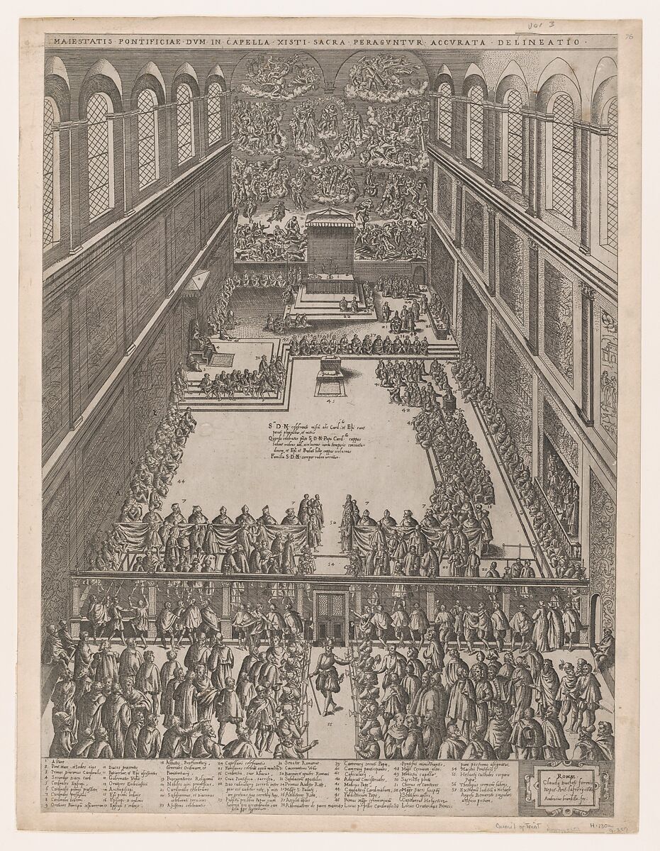 A Papal Gathering in the Sistine Chapel, Michelangelo's Last Judgement on the back wall; the crowd looks on through a screen, from "Speculum Romanae Magnificentiae", Giovanni Ambrogio Brambilla  Italian, Etching