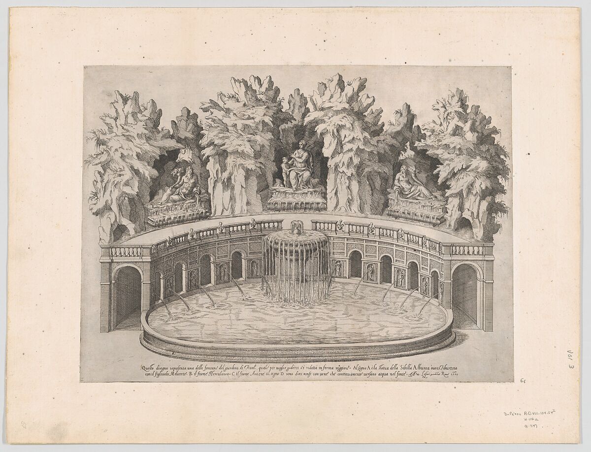 Fountain and Gardens of the Villa d'Este at Tivoli, from "Speculum Romanae Magnificentiae", Etienne DuPérac (French, ca. 1535–1604), Etching; first state of two (Robert-Dumesnil) 