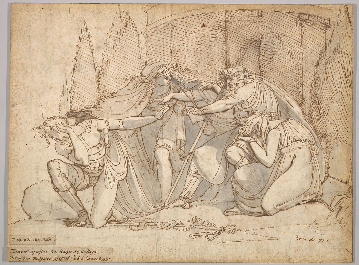 Oedipus at Colonus, Cursing his Son Polynices, Henry Fuseli (Swiss, Zürich 1741–1825 London), Pen and brown ink, brush and gray wash, traces of black chalk underdrawing 