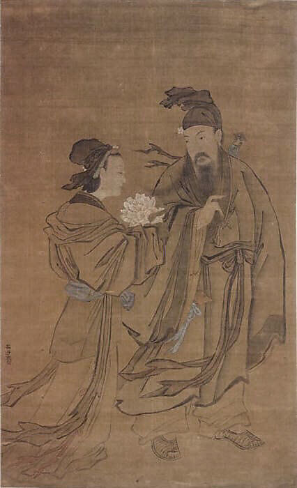 Lȕ Dongbin and the Spirit of the Peony, Unidentified artist, Hanging scroll; ink and color on silk, China 