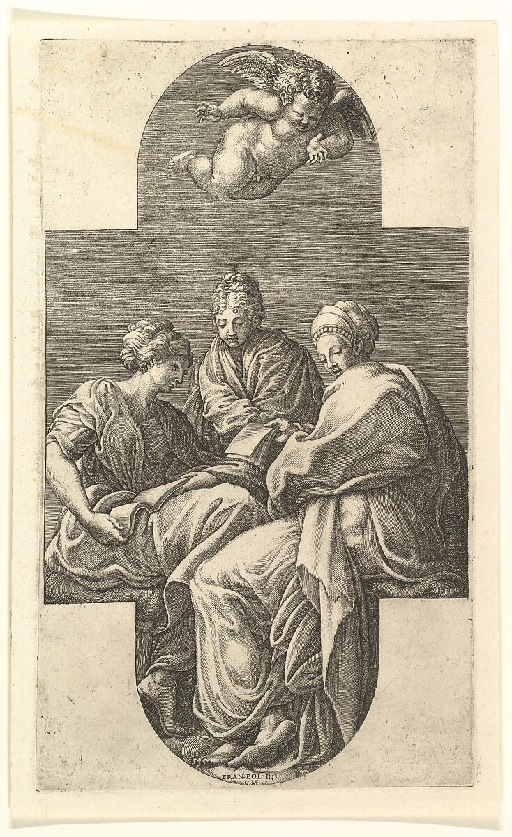 Three Muses and a Gesturing Putto, Giorgio Ghisi (Italian, Mantua ca. 1520–1582 Mantua), Engraving 