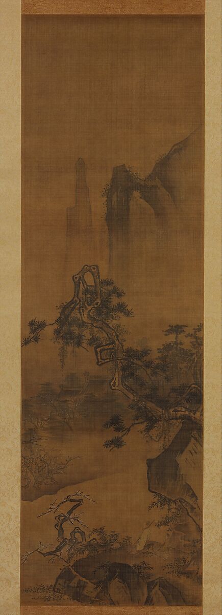 Scholar admiring plum blossoms, Unidentified artist Chinese, Hanging scroll; ink and color on silk, China 