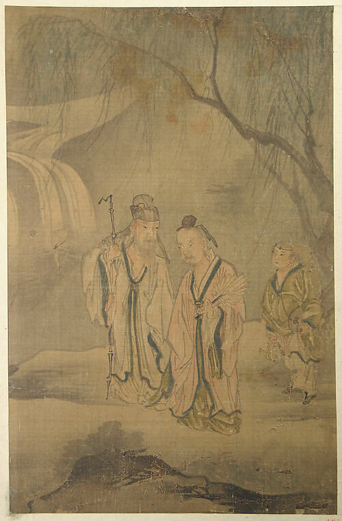 Scholars Strolling by the Waterfall, Unidentified artist, Album leaf; ink and color on silk, Korea 